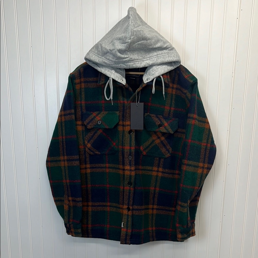 BLANKNYC Flannel Plaid Shacket‎ With Removable Hood Sz L